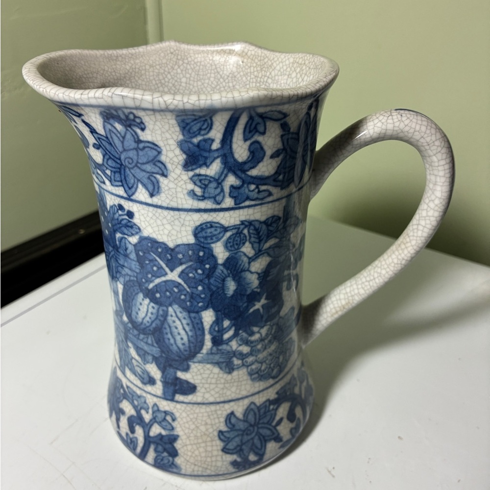 Blue and White Floral Ceramic Pitcher - Decorative Home Accent